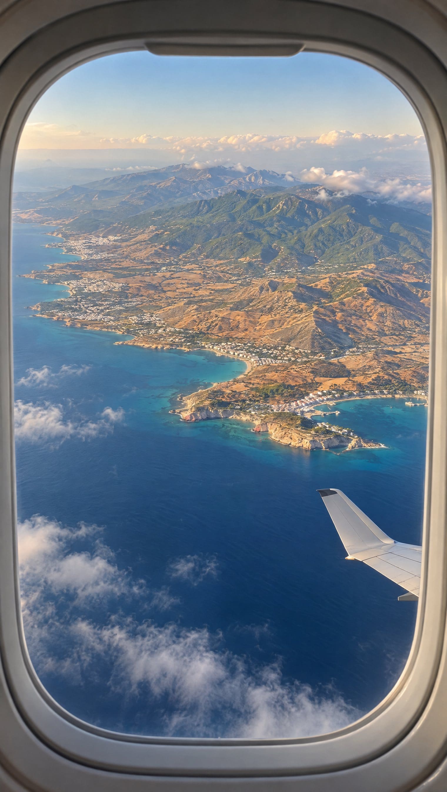 View from an airplane window onto the coast of Cyprus